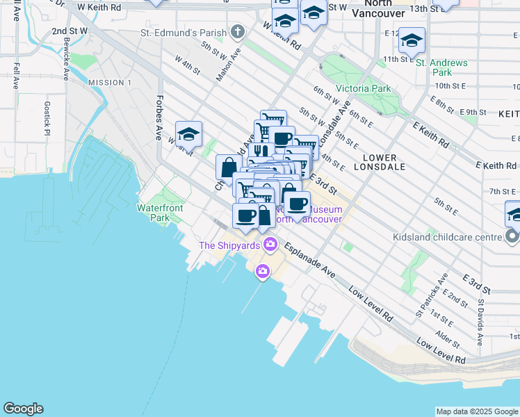 map of restaurants, bars, coffee shops, grocery stores, and more near 123 West 1st Street in North Vancouver