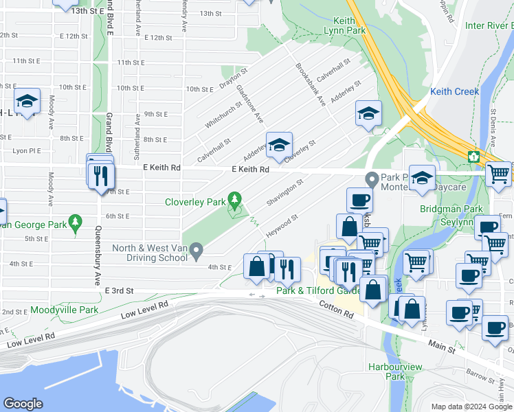map of restaurants, bars, coffee shops, grocery stores, and more near 1012 Shavington Street in North Vancouver