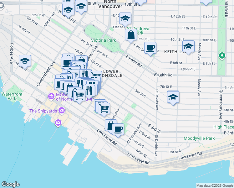 map of restaurants, bars, coffee shops, grocery stores, and more near 249 4th Street East in North Vancouver