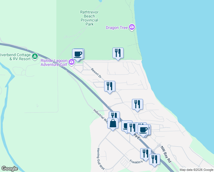map of restaurants, bars, coffee shops, grocery stores, and more near 1130 Resort Drive in Parksville