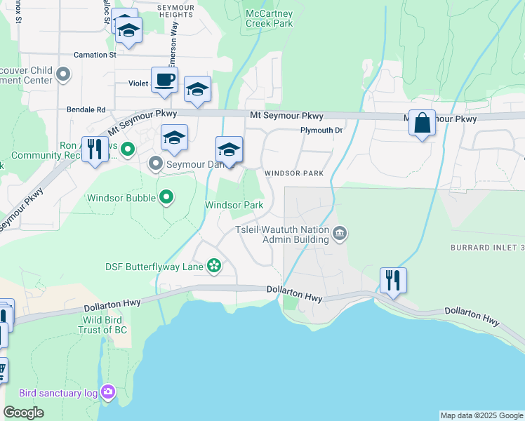 map of restaurants, bars, coffee shops, grocery stores, and more near 697 Plymouth Drive in North Vancouver