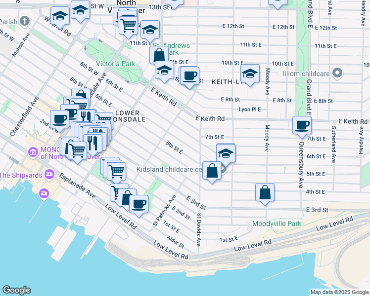 map of restaurants, bars, coffee shops, grocery stores, and more near 346 5th Street East in North Vancouver