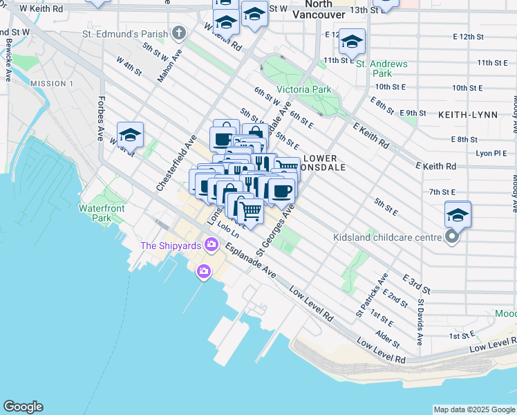 map of restaurants, bars, coffee shops, grocery stores, and more near 151 2nd Street East in North Vancouver
