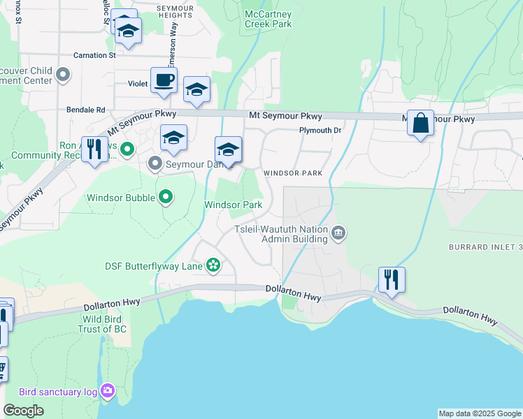 map of restaurants, bars, coffee shops, grocery stores, and more near 697 Plymouth Drive in North Vancouver