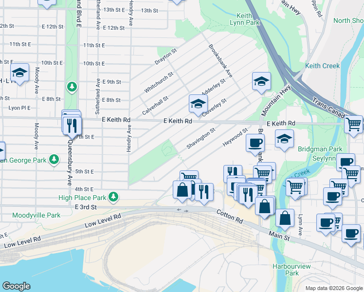 map of restaurants, bars, coffee shops, grocery stores, and more near 1012 Shavington Street in North Vancouver