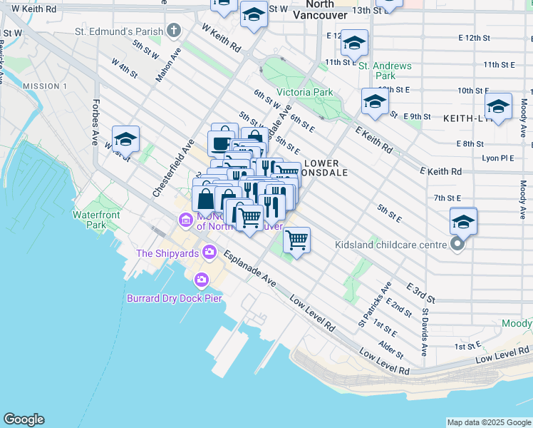 map of restaurants, bars, coffee shops, grocery stores, and more near 160 2nd Street West in North Vancouver