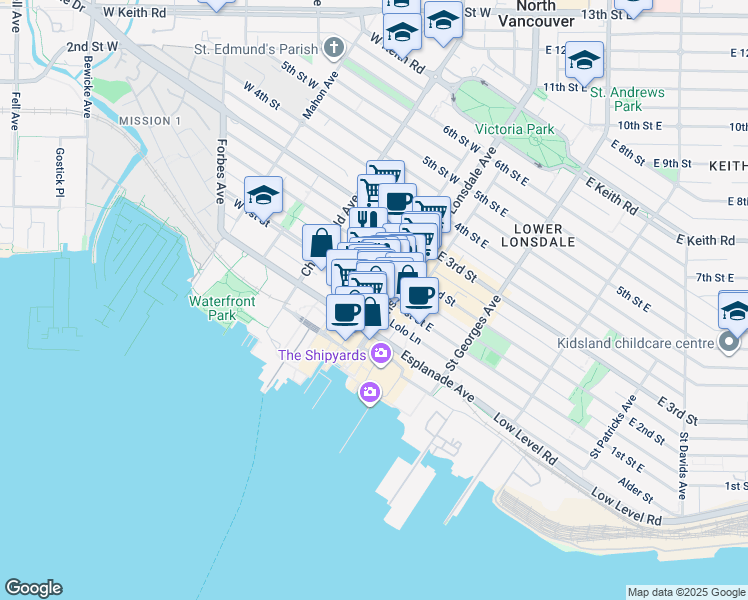 map of restaurants, bars, coffee shops, grocery stores, and more near 113 West 1st Street in North Vancouver