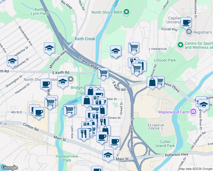 map of restaurants, bars, coffee shops, grocery stores, and more near 1500 Fern Street in North Vancouver