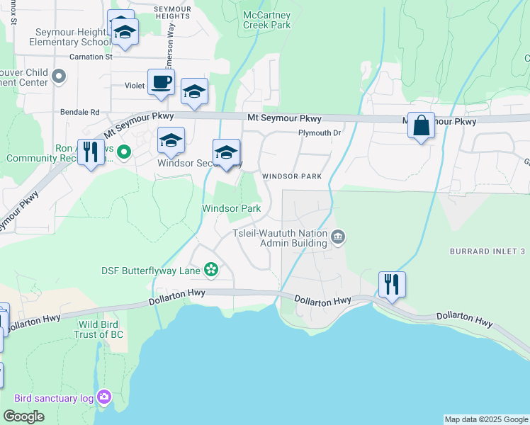 map of restaurants, bars, coffee shops, grocery stores, and more near 723 Plymouth Drive in North Vancouver