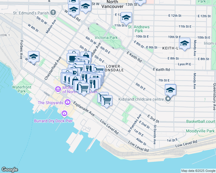 map of restaurants, bars, coffee shops, grocery stores, and more near 216 3rd Street East in North Vancouver