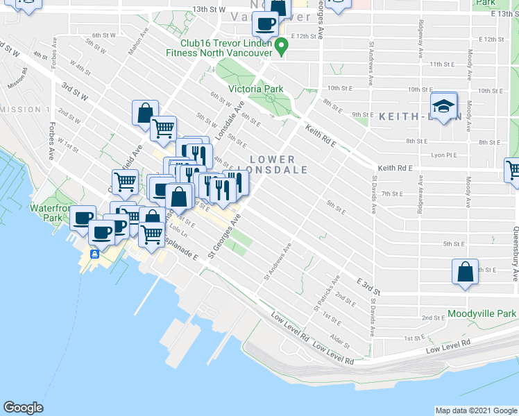 map of restaurants, bars, coffee shops, grocery stores, and more near 216 3rd Street East in North Vancouver