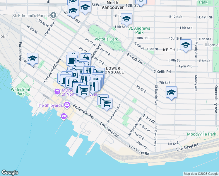 map of restaurants, bars, coffee shops, grocery stores, and more near 222 East 3rd Street in North Vancouver