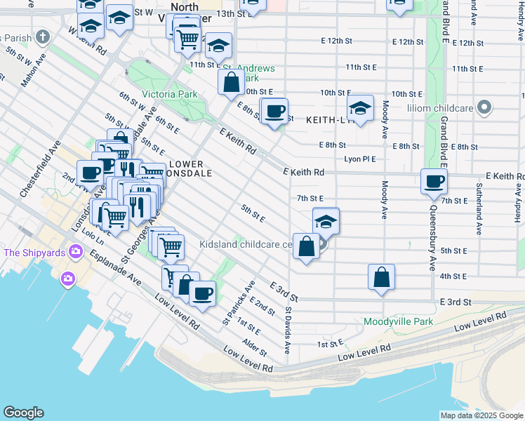 map of restaurants, bars, coffee shops, grocery stores, and more near 338 5th Street East in North Vancouver