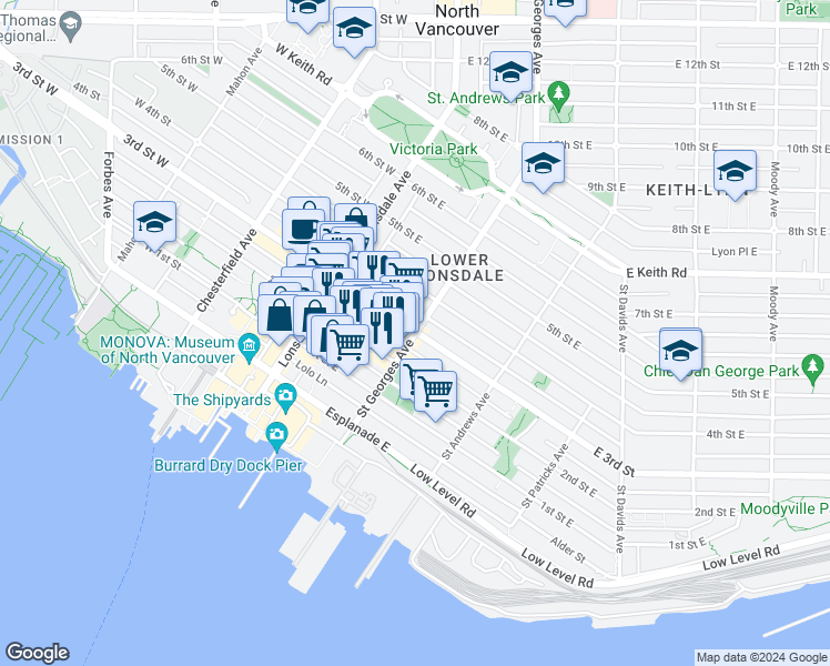 map of restaurants, bars, coffee shops, grocery stores, and more near 201 East 3rd Street in North Vancouver