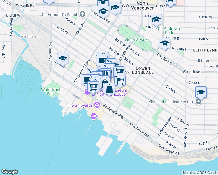 map of restaurants, bars, coffee shops, grocery stores, and more near in North Vancouver