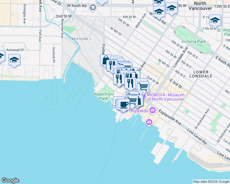 map of restaurants, bars, coffee shops, grocery stores, and more near Spirit Trail in North Vancouver