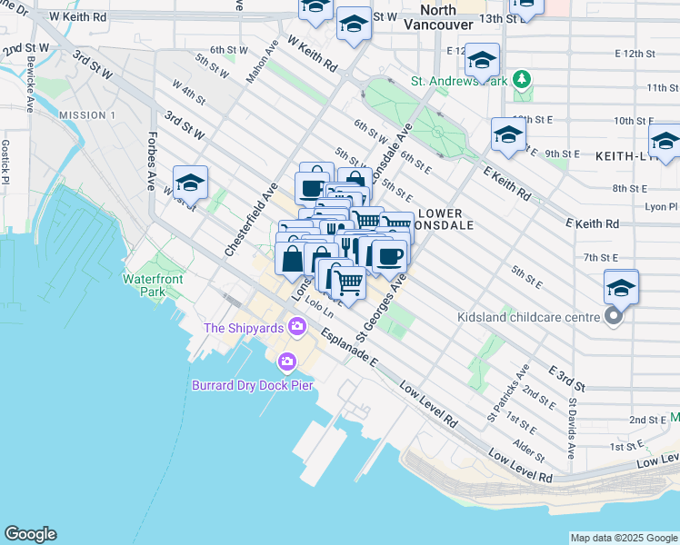 map of restaurants, bars, coffee shops, grocery stores, and more near in North Vancouver