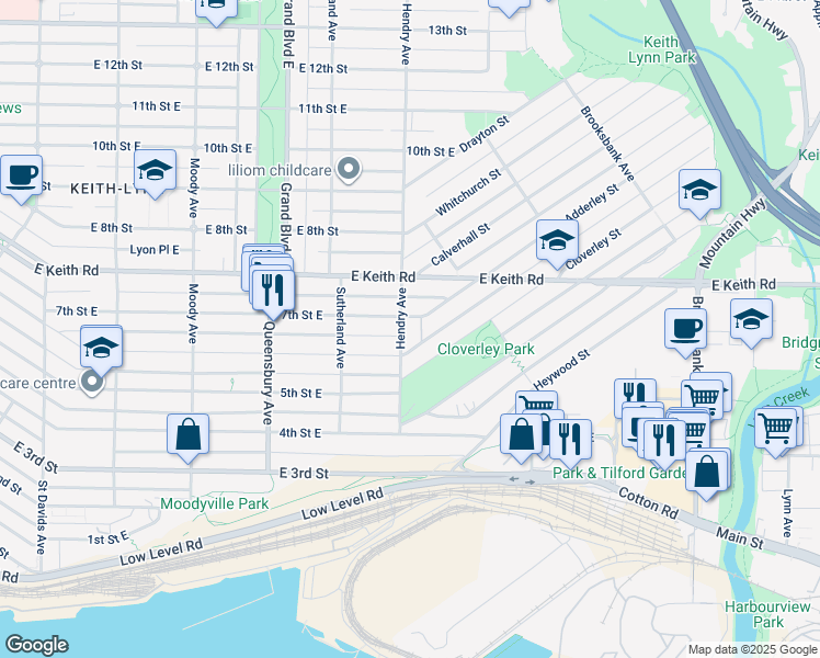 map of restaurants, bars, coffee shops, grocery stores, and more near 640 Hendry Avenue in North Vancouver