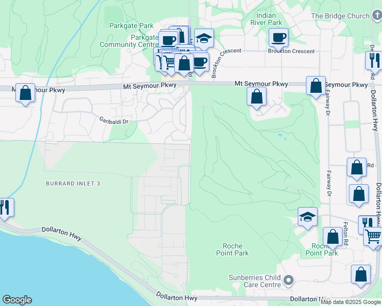 map of restaurants, bars, coffee shops, grocery stores, and more near 650 Roche Point Drive in North Vancouver