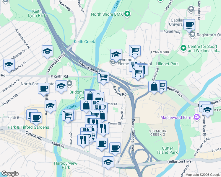 map of restaurants, bars, coffee shops, grocery stores, and more near 650 Seylynn Crescent in North Vancouver