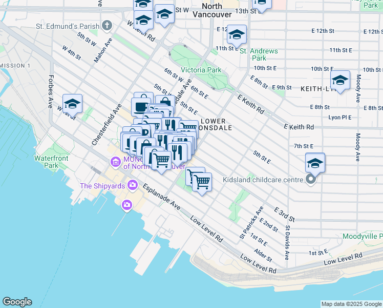 map of restaurants, bars, coffee shops, grocery stores, and more near 170 East 3rd Street in North Vancouver