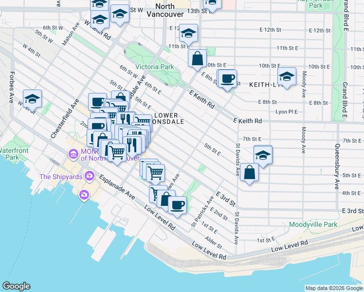 map of restaurants, bars, coffee shops, grocery stores, and more near 260 4th Street East in North Vancouver