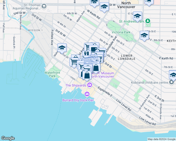 map of restaurants, bars, coffee shops, grocery stores, and more near 123 West 1st Street in North Vancouver