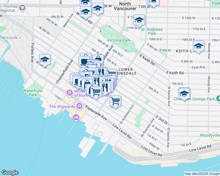 map of restaurants, bars, coffee shops, grocery stores, and more near 177 East 3rd Street in North Vancouver