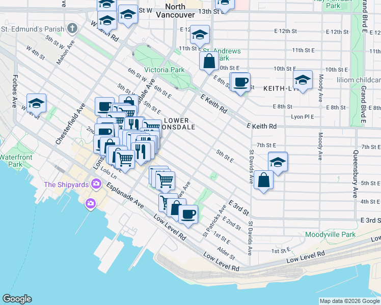 map of restaurants, bars, coffee shops, grocery stores, and more near 252 4th Street East in North Vancouver