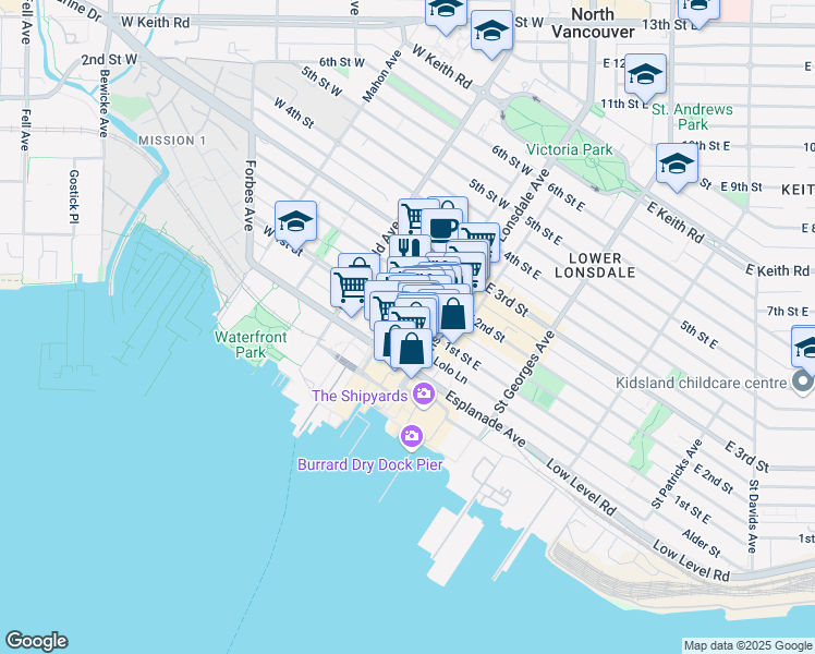 map of restaurants, bars, coffee shops, grocery stores, and more near 123 West 1st Street in North Vancouver