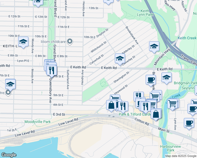 map of restaurants, bars, coffee shops, grocery stores, and more near 986 Cloverley Street in North Vancouver