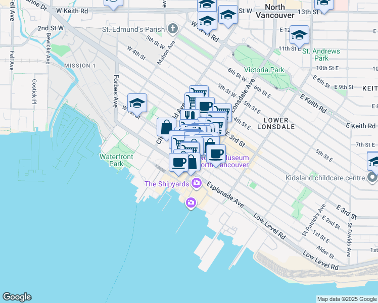 map of restaurants, bars, coffee shops, grocery stores, and more near in North Vancouver