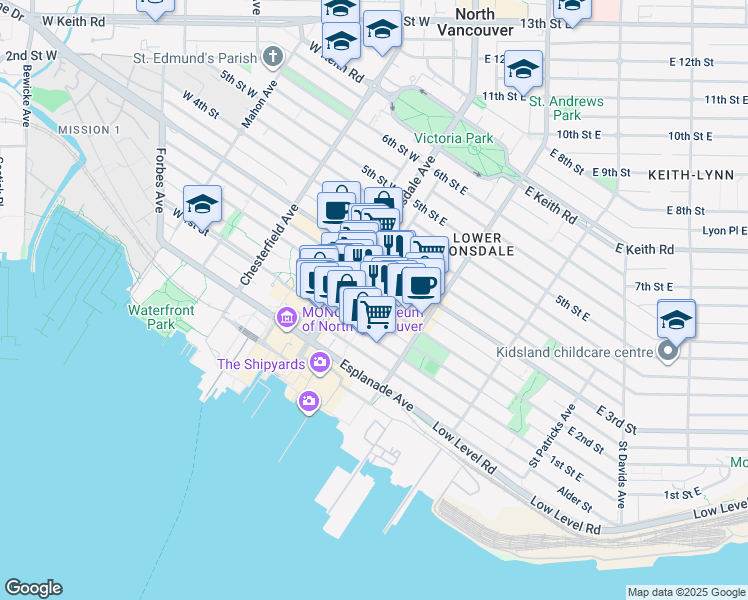 map of restaurants, bars, coffee shops, grocery stores, and more near 130 East 2nd Street in North Vancouver