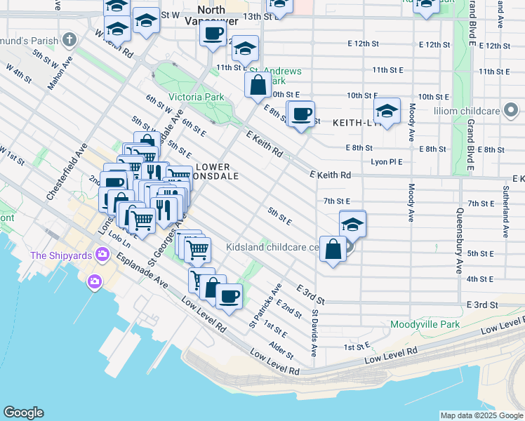 map of restaurants, bars, coffee shops, grocery stores, and more near 303 5th Street East in North Vancouver