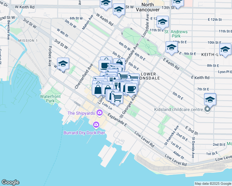 map of restaurants, bars, coffee shops, grocery stores, and more near 130 2nd Street East in North Vancouver