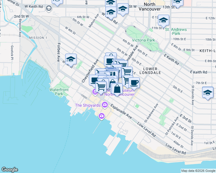 map of restaurants, bars, coffee shops, grocery stores, and more near 109 Lonsdale Avenue in North Vancouver