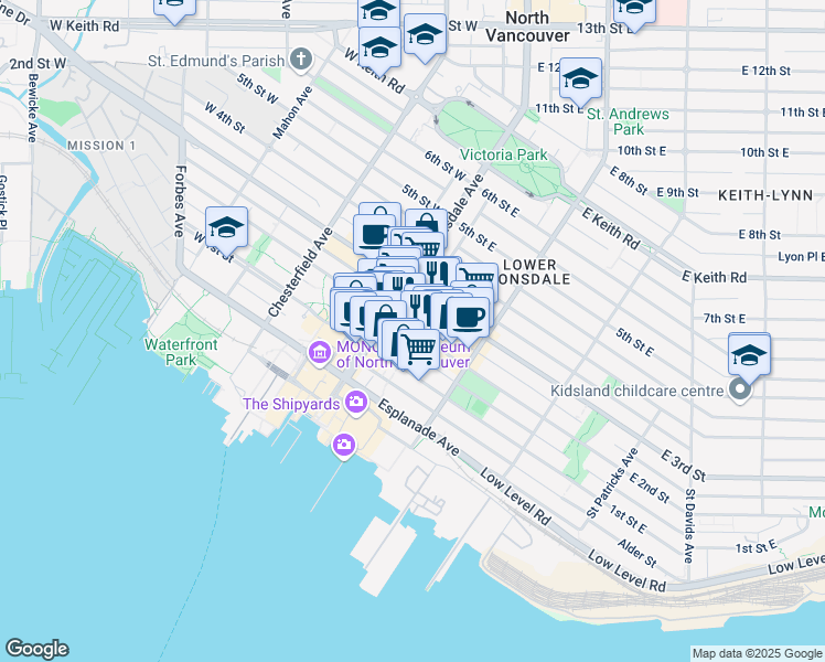 map of restaurants, bars, coffee shops, grocery stores, and more near 130 2nd Street East in North Vancouver