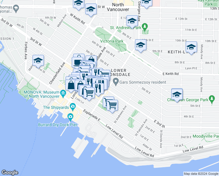 map of restaurants, bars, coffee shops, grocery stores, and more near 308 Saint Georges Avenue in North Vancouver