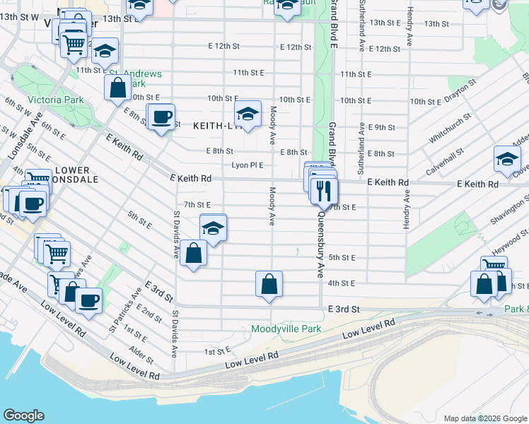 map of restaurants, bars, coffee shops, grocery stores, and more near 559 7th Street East in North Vancouver