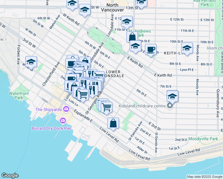 map of restaurants, bars, coffee shops, grocery stores, and more near 225 4th Street East in North Vancouver