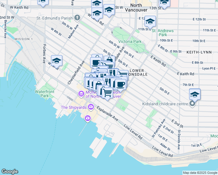map of restaurants, bars, coffee shops, grocery stores, and more near 130 East 2nd Street in North Vancouver