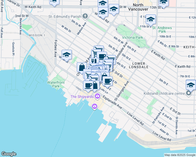 map of restaurants, bars, coffee shops, grocery stores, and more near in North Vancouver