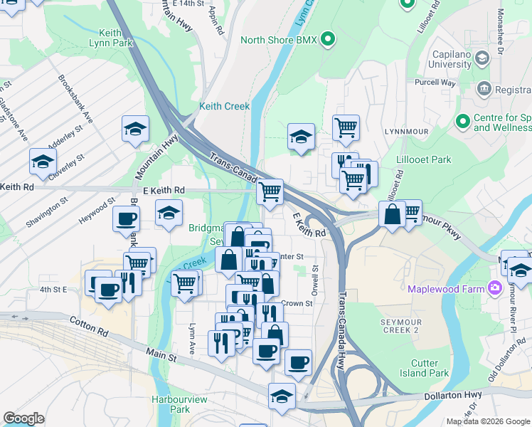 map of restaurants, bars, coffee shops, grocery stores, and more near 680 Seylynn Crescent in North Vancouver