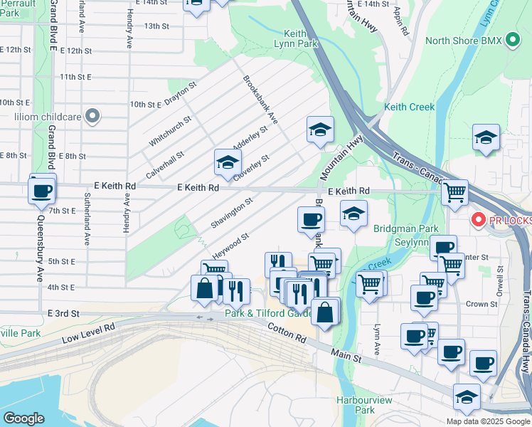 map of restaurants, bars, coffee shops, grocery stores, and more near 1204 Heywood Street in North Vancouver