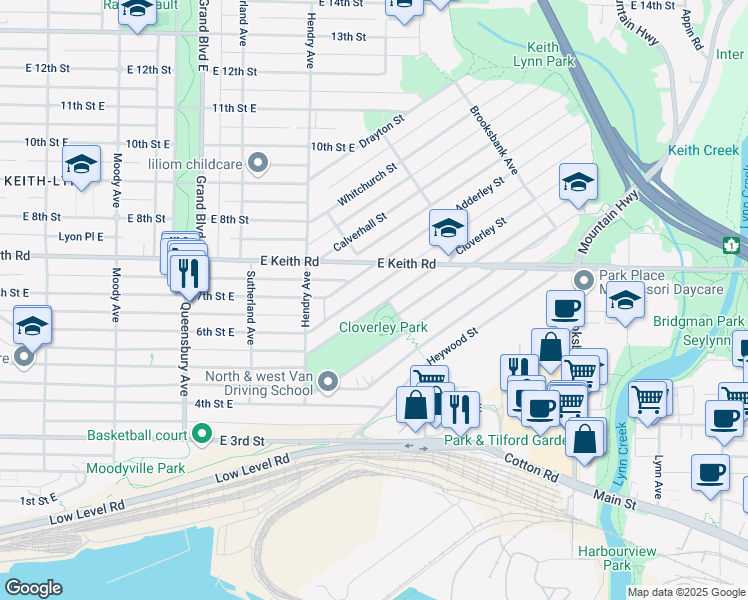 map of restaurants, bars, coffee shops, grocery stores, and more near 986 Cloverley Street in North Vancouver