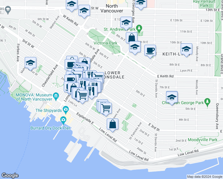 map of restaurants, bars, coffee shops, grocery stores, and more near 225 4th Street East in North Vancouver