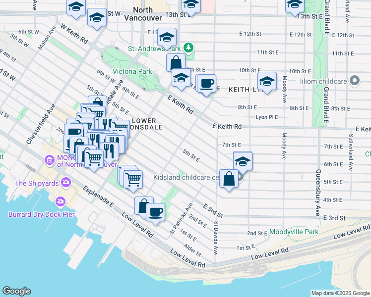 map of restaurants, bars, coffee shops, grocery stores, and more near 310 5th Street East in North Vancouver