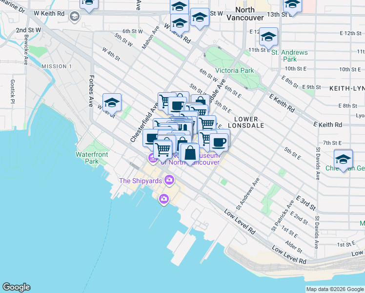 map of restaurants, bars, coffee shops, grocery stores, and more near 130 Lonsdale Avenue in North Vancouver