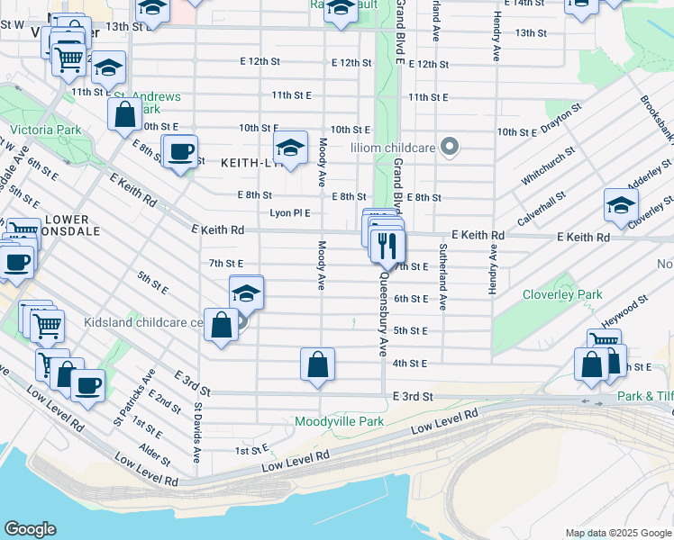 map of restaurants, bars, coffee shops, grocery stores, and more near 613 7th Street East in North Vancouver