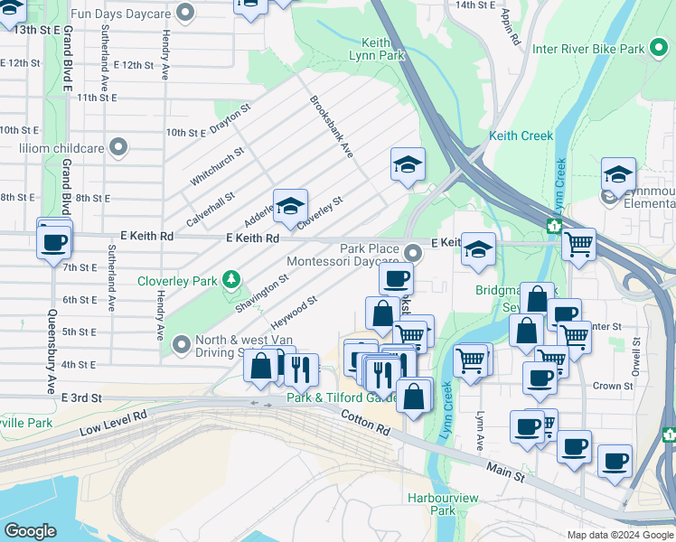 map of restaurants, bars, coffee shops, grocery stores, and more near 1204 Heywood Street in North Vancouver